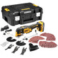 Pildil on näha DeWalt multitööriist DCS356E1T koos mitmesuguste tarvikutega ja hoiukohvriga.
