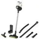 Pildil on Kärcher aku varstolmuimeja VC 6 Cordless ourFamily Car koos erinevate otsikute ja laadimisjaamaga.