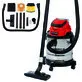 Pildil on Einhell TC-VC 18/20 Li S akuga vee- ja tolmuimeja koos erinevate otsikute ja tarvikutega.