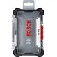 Pildil on tühi Bosch Impact Control Pick and Click M otsakute karp, millel on läbipaistev kaas, mustad nurgad ja punane...