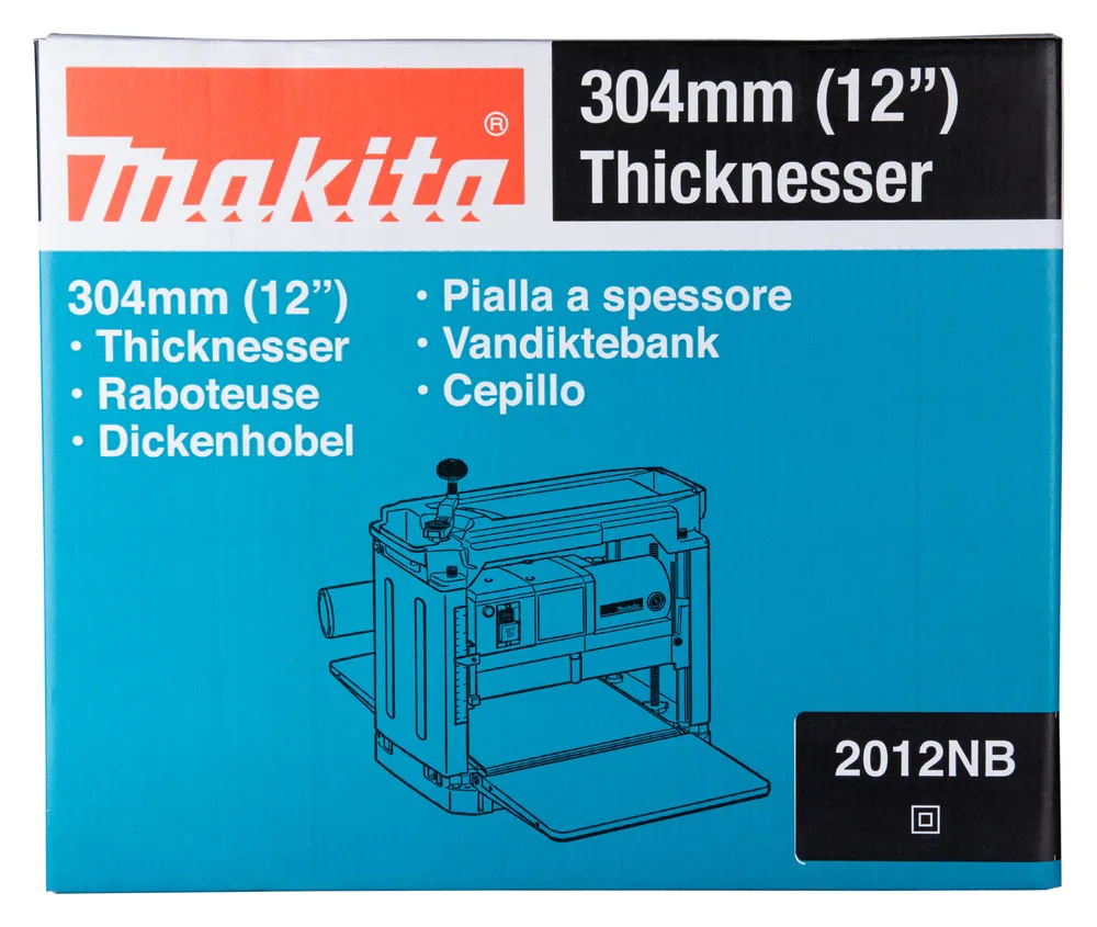 Pildil on Makita paksusmasina 2012NB karp, millel on näha toote nimi, kirjeldused ja tehnilised andmed mitmes keeles ning...