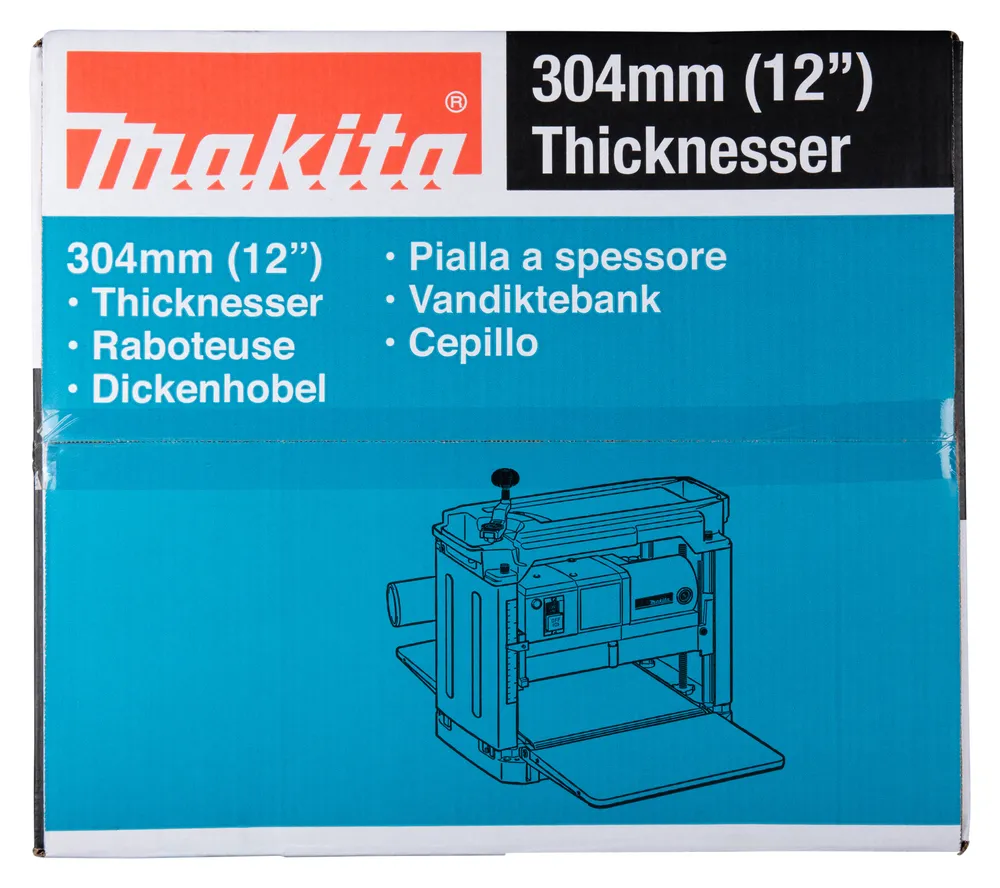 Pildil on Makita paksendusmasina 2012NB karp, millel on kirjas toote spetsifikatsioonid ja joonis masinast.
