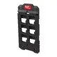 Pildil on must Milwaukee PACKOUT™ Compact paigaldusplaat, millel on kuus avaust tööriistade või tarvikute kinnitamiseks.