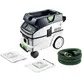 Pildil on Festool CLEANTEC CTL 26 EI AC vee- ja tolmuimeja koos tarvikutega, nagu voolikud ja tolmukotid.