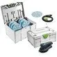 Pildil on Festool ekstsentriklihvmasin ETS EC 150/5 EQ-SYS GR koos tarvikutega, mis on paigutatud Systaineri kohvrisse.