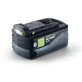 Pildil on Festool aku HighPower BP 18 Li 5,0 HP-ASI, mis on musta ja sinise värviga ning millel on peal kirjad ja nupp.