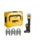 Pildil on REMS Mini-Press S 22V ACC Basic-Pack torupress, mis on plastkohvris ja sisaldab kolme presspihti.