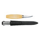MORAKNIV voolimisnuga 120 (C) Natural on heleda puidust käepideme ja lühikese teraga nuga, mille kõrval on must tupp.