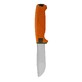 Pildil on MORAKNIV jahinuga Amberg Full Flat (S), millel on oranž käepide ja särav tera.