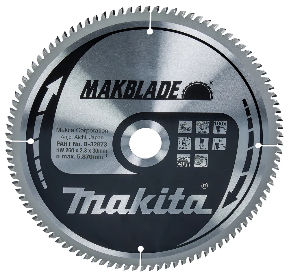 Pildil on Makita saeketas MAKBLADE 260x30x2,3mm 100T 5°, millel on näha nii brändi logo kui ka tehnilised andmed.