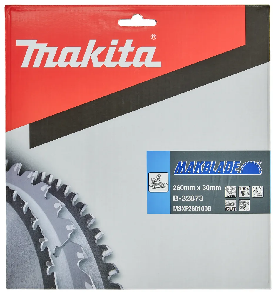 Pildil on Makita MAKBLADE seeria saeketas, millele on trükitud kaubamärgi logo ja toote spetsifikatsioonid.