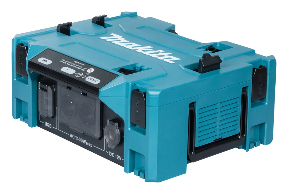 Pildil on Makita akuinverter BAC01, mis on toiteallikas USB, AC ja DC 12V väljunditega.