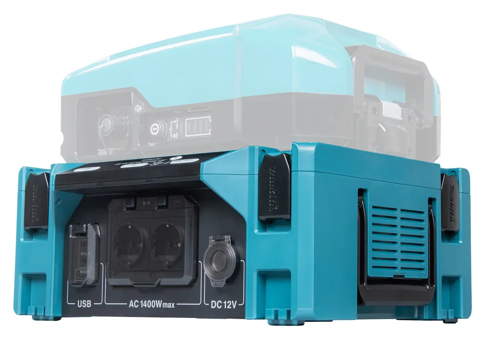 Pildil on näha Makita akuinverter BAC01, millel on erinevad pordid laadimiseks ja toiteallikaks.
