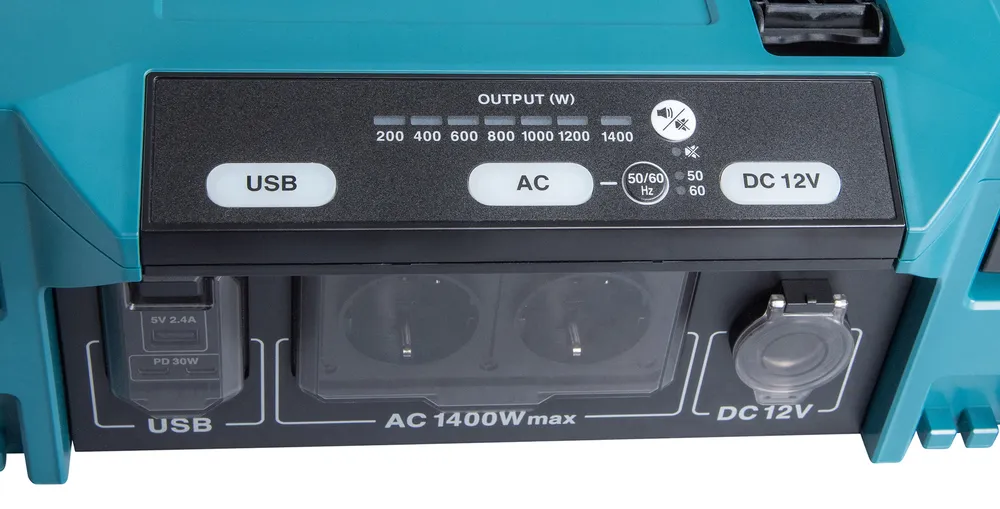 Pildil on näha Makita akuinverter BAC01, millel on erinevad väljundid, sealhulgas USB, AC ja DC 12V.