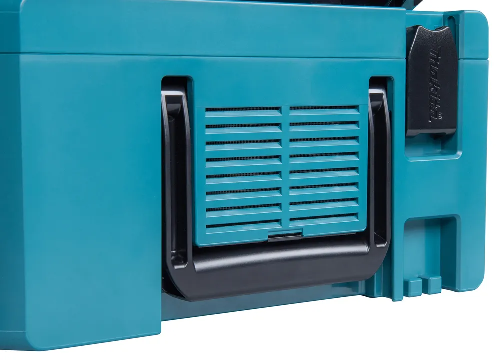 Pildil on näha Makita akuinverteri BAC01 külgvaade, mis sisaldab ventilatsiooniavasid ja käepidet.