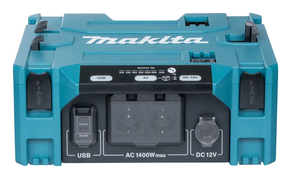 Pildil on näha Makita akuinverter BAC01, mis on varustatud USB-, AC- ja DC-väljunditega, et laadida erinevaid seadmeid.