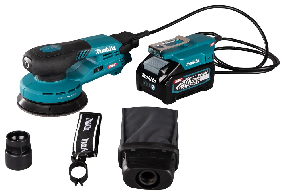 Pildil on näha Makita BO003CGZ akuekstsentriklihvija detail, sealhulgas selle lüliti ja tooteteave.