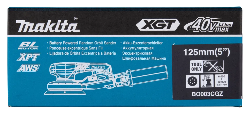 Pildil on kujutatud Makita akuekstsentriklihvija koos akupaki ja tolmuimeja kotiga.