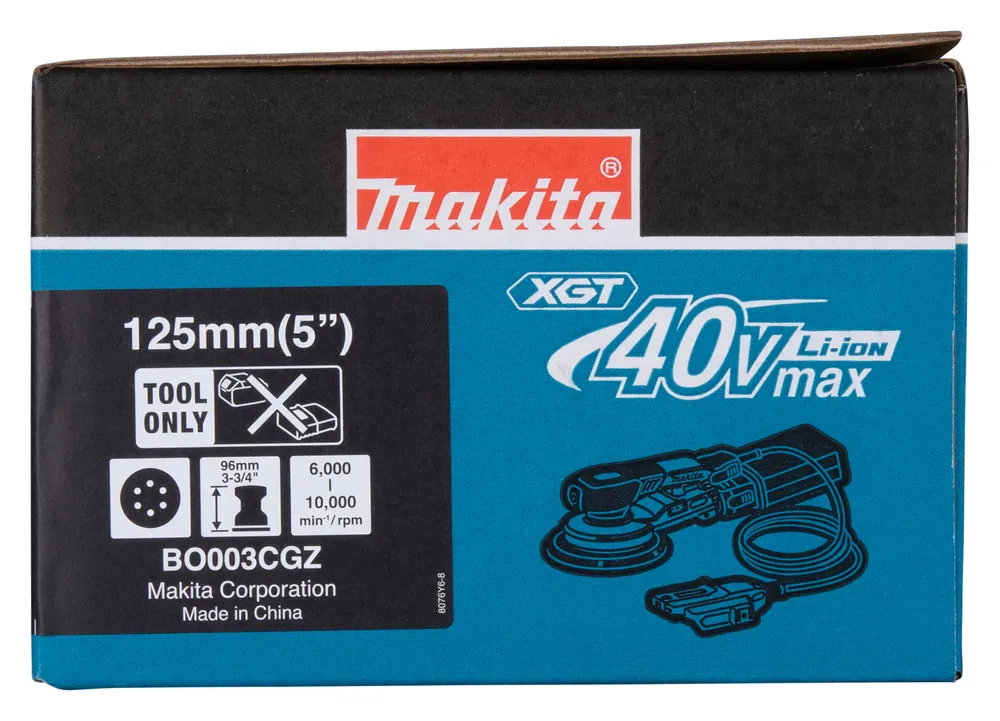 Pildil on Makita akuekstsentriklihvija BO003CGZ pakend koos toote spetsifikatsioonide, kaubamärgi logo ja tehnilise...