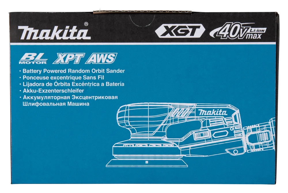 Pildil on Makita akuekstsentriklihvija BO003CGZ karp, millel on märgitud "TOOL ONLY" ja aku suurus 40V max.