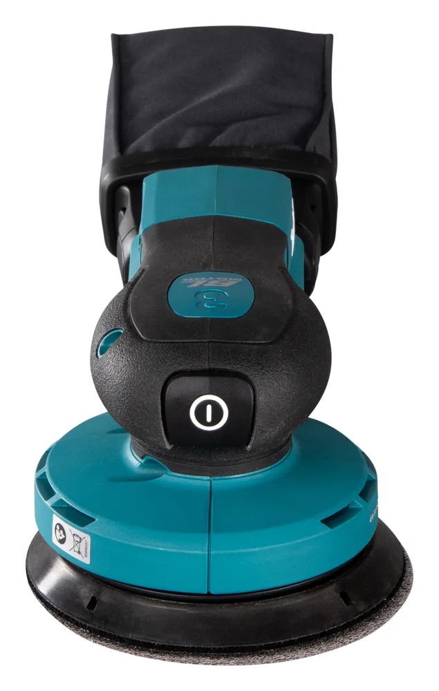 Pildil on Makita akuekstsentriklihvija BO003CGZ, millel on tolmukott ja must käepide.