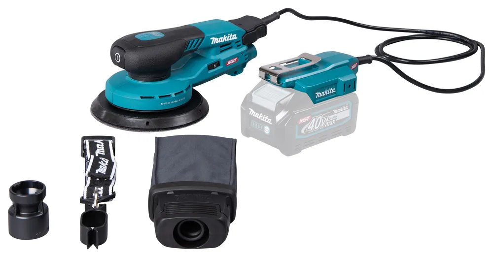 Pildil on Makita akuekstsentriklihvija BO004CGZ detailne vaade lihvketta küljelt ja masina sinisest korpusest, millel on...