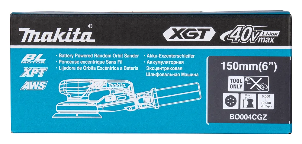 Pildil on Makita akuekstsentriklihvija koos tarvikutega, nagu tolmukott, rihmahoidik ja adapter.