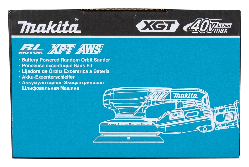Pildil on näha Makita akuekstsentriklihvija BO004CGZ karp, millel on 150 mm (6") ketas, "TOOL ONLY" märge ning XGT 40V...