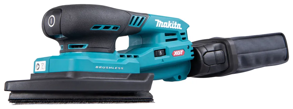 Pildil on Makita BO006CGZ akutaldlihvija, millel on must käepide ja türkiissinine korpus, tolmukoguja ja lihvimisalus.