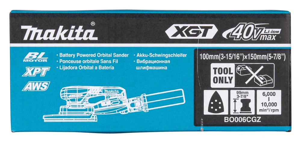 Pildil on näha Makita akutaldlihvija BO006CGZ, sealhulgas tolmukott, kinnitusklamber ja adapter, koos ühilduva 40V max akuga.