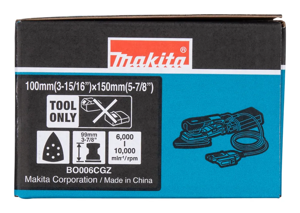 Pildil on näha Makita BO006CGZ akutaldlihvija pakend, millel on toote kirjelduse ja tehniliste andmetega.