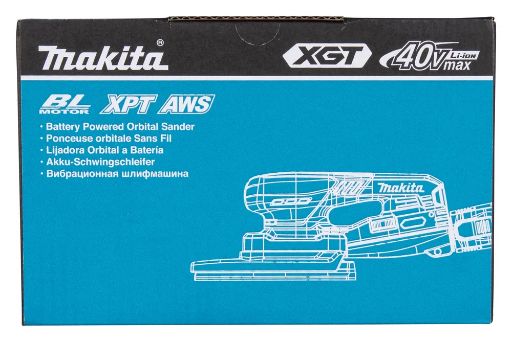 Pildil on näha Makita BO006CGZ akutaldlihvija pakend, mis märgib, et tegemist on ainult tööriistaga, ilma aku ja laadijata.