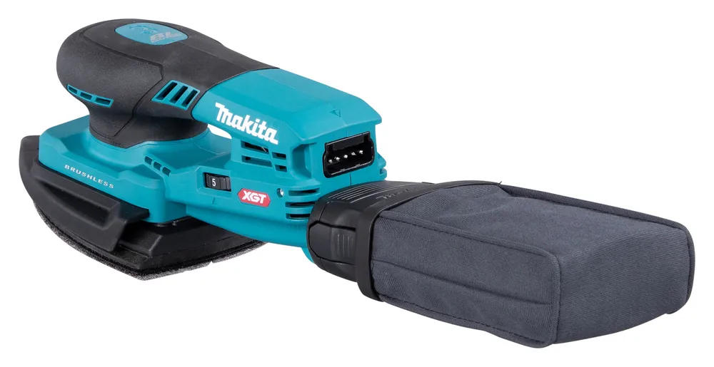 Pildil on näha Makita BO006CGZ akutaldlihvija koos tolmukogumiskotiga.