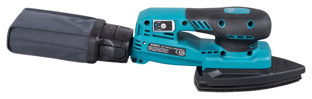 Pildil on näha Makita akutaldlihvija BO006CGZ, mille küljes on tolmukott.