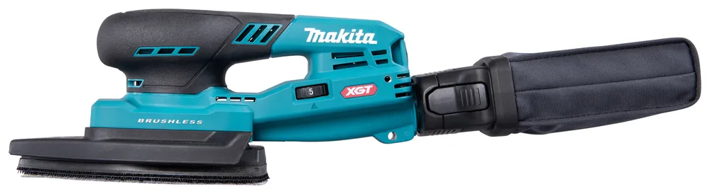 Pildil on näha Makita akutaldlihvija BO006CGZ, millel on must ja türkiissinine korpus ning tolmukott.