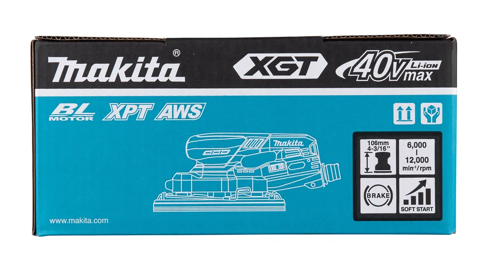 Pildil on Makita XGT 40V Max akutaldlihvija BO007CGZ karp, millel on tootepilt, spetsifikatsioonid ja logo.
