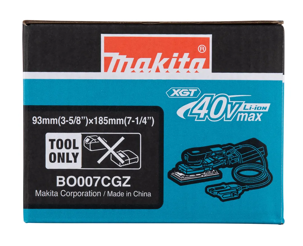 Pildil on Makita akutaldlihvija BO007CGZ karp, millel on kujutatud tööriista joonis ja märgitud "TOOL ONLY", mis...