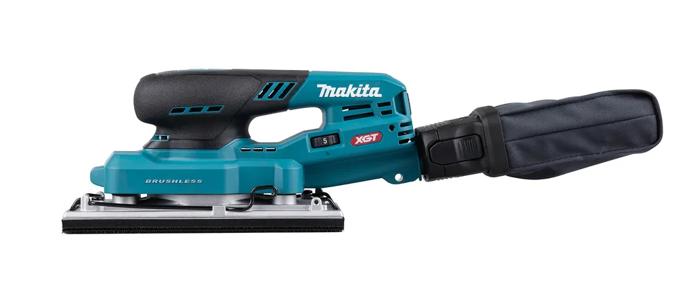 Pildil on Makita akutaldlihvija, millel on näha tolmukott.