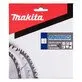 Pildil on Makita saeketas MAKBLADE PLUS puidule, mille pakendil on näha saeketta detail ja toote spetsifikatsioonid.