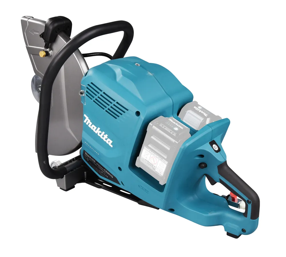 Pildil on Makita akulõikur CE001GZ, millel on näha kaks akut, juhtkäepide ja mootori osa, mis on valmistatud...