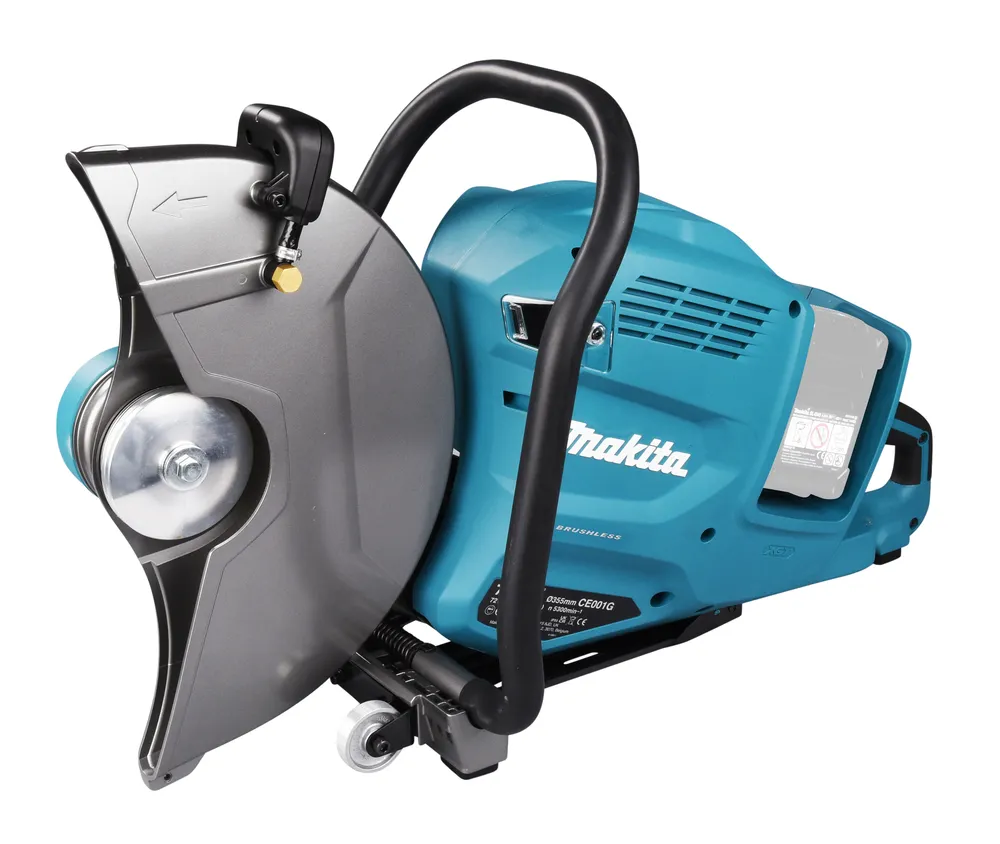 Pildil on Makita akulõikur CE001GZ, millel on näha kahel laetaval akul töötav mootori korpus ja lõikeketas.