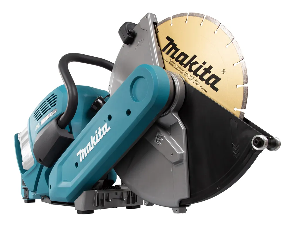 Pildil on näha Makita akulõikur CE002GZ01, millel on kuldne lõikeketas ja sinine käepide.