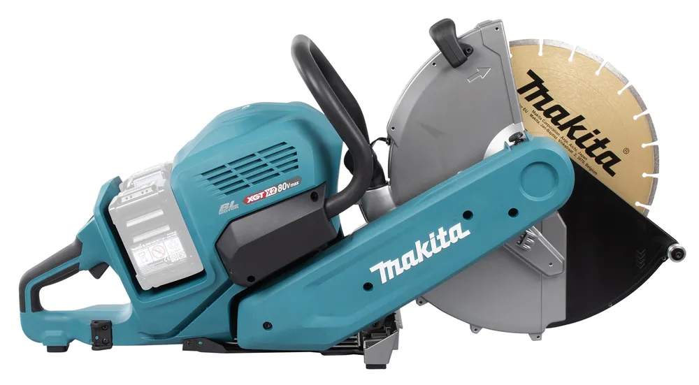 Pildil on näha Makita akulõikur CE002GZ01, mis on varustatud lõikekettaga ja akuhoidikuga.