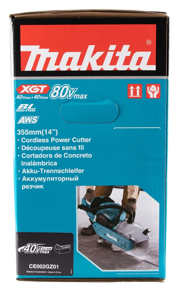 Pildil on Makita XGT akulõikuri CE002GZ01 karp, millel on kujutatud tootet, samuti selle peamised omadused ja...