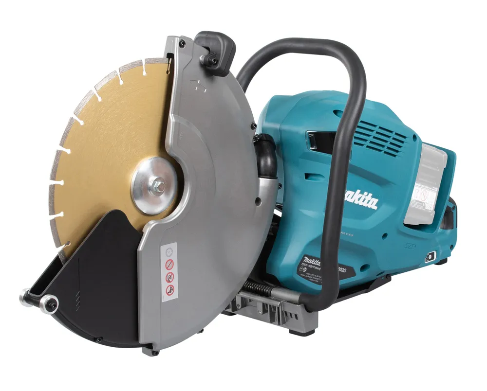 Pildil on Makita akulõikur CE002GZ01, millel on kuldne lõikeketas ja sinine korpus.