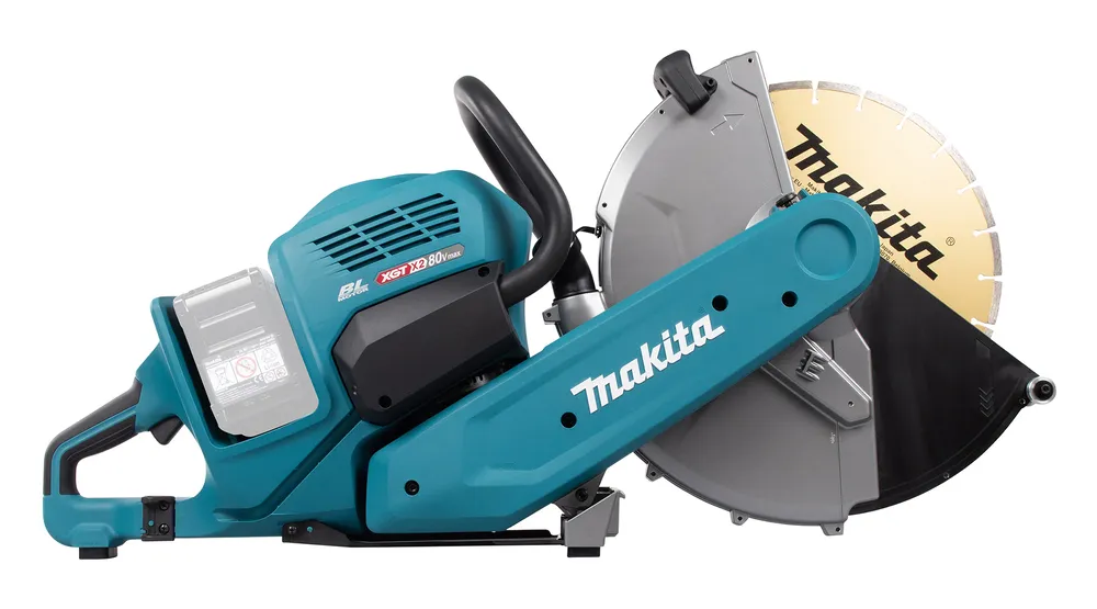 Pildil on Makita akulõikur CE002GZ01, mis on varustatud kuldse lõikekettaga ja sinise korpusega.