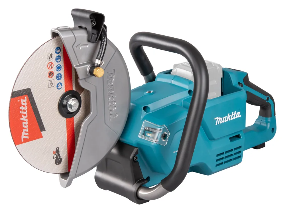 Pildil on Makita XGT akulõikur, millel on näha lõikeketas ja turvakate.