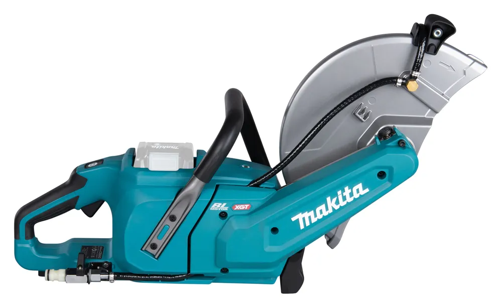 Pildil on Makita akulõikur CE004GZ, millel on näha XGT aku pesa ja metallist lõikeketas.