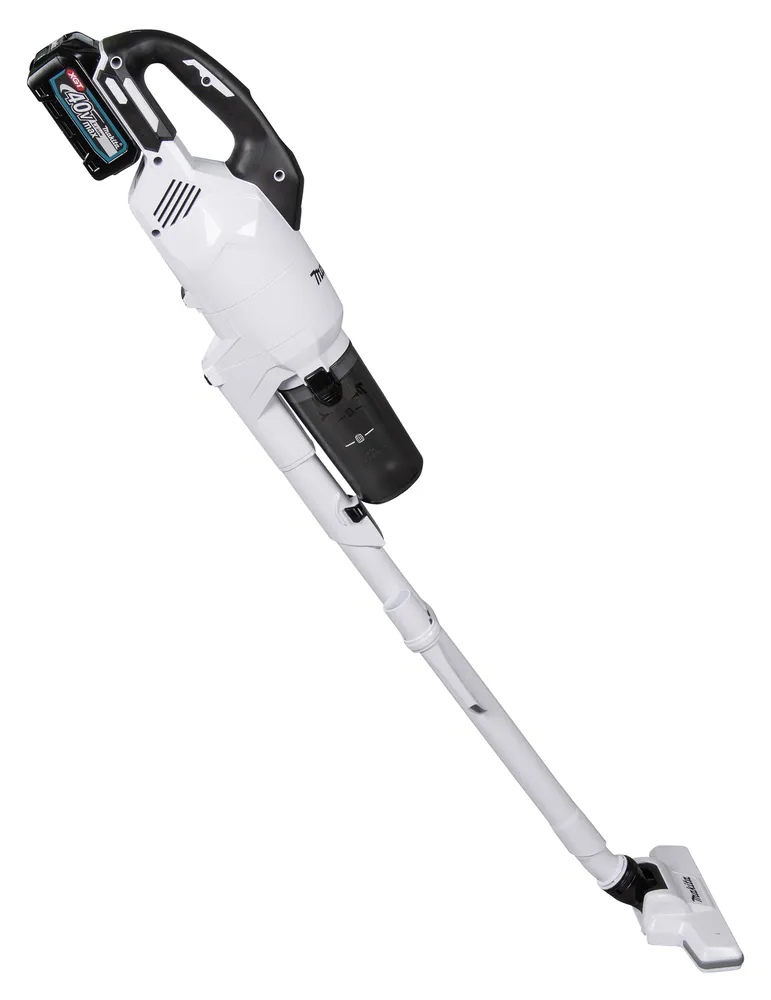 Pildil on Makita aku varstolmuimeja CL003GD203, millel on must käepide ja valge korpus, mille küljes on tolmukoguja ja otsik.