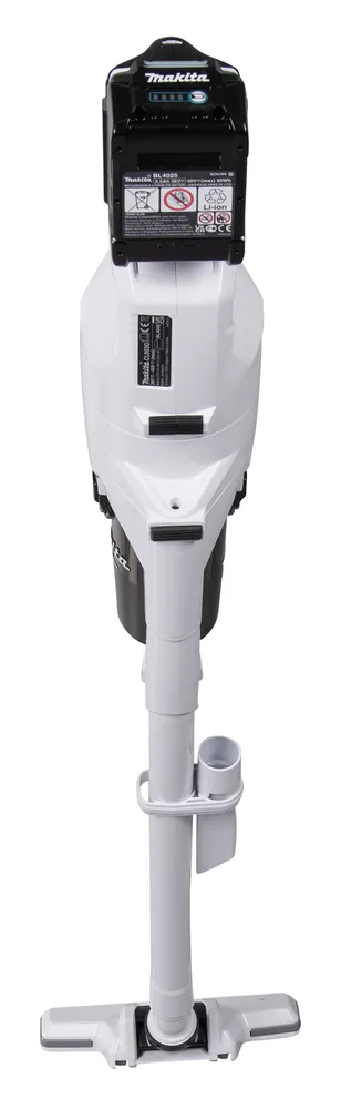 Pildil on Makita aku varstolmuimeja CL003GD203 koos akuga, mis on valge ja must.